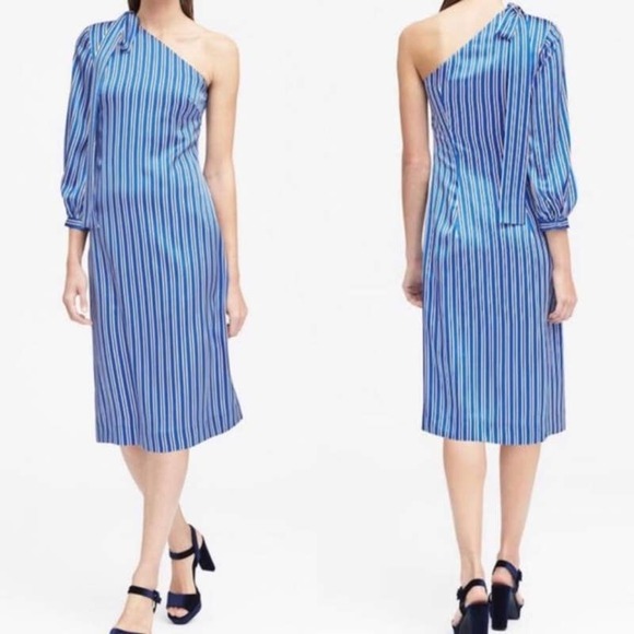 Banana Republic Dresses & Skirts - Banana Republic Striped Shift Dress 0P Petite One Shoulder Satin Blue White NWT
